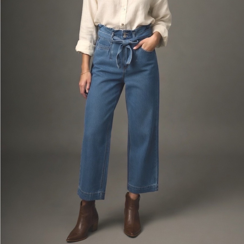 PAIGE Nellie Culotte High Waisted Wide Leg Belted Tie Jeans Denim Blue Size 23